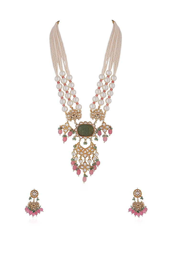 Gold Plated Mint Green Jadtar Beaded Rajwadi Necklace Set by Riana Jewellery at Pernia's Pop Up Shop