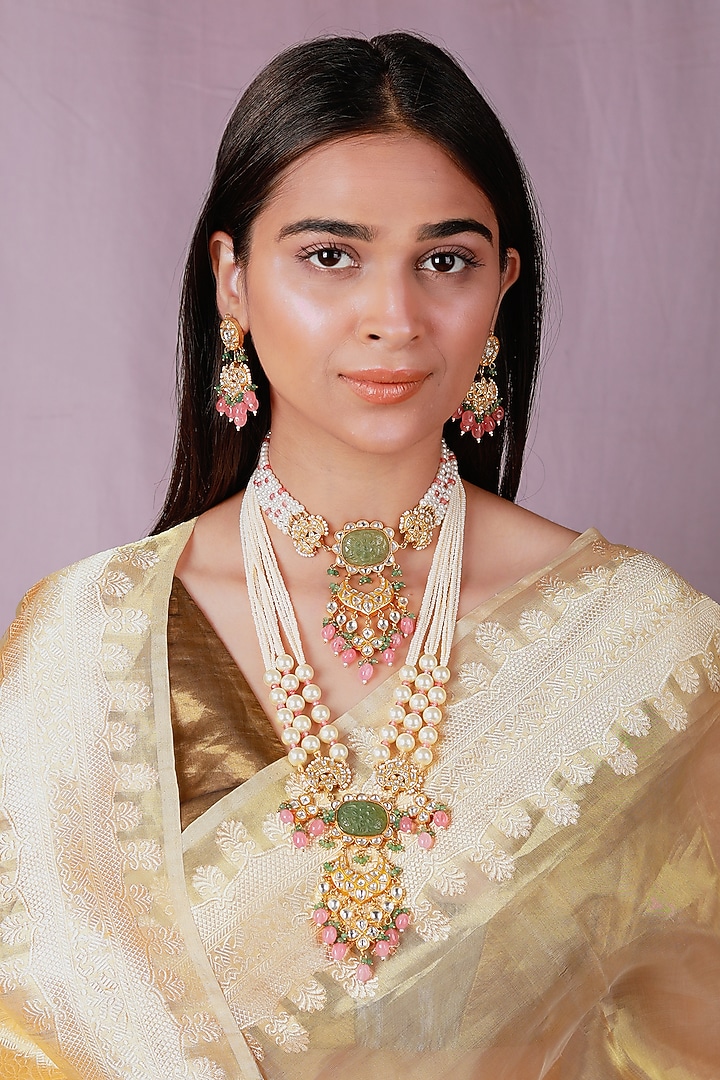 Gold Plated Pearl & Beaded Long Necklace Set by Riana Jewellery at Pernia's Pop Up Shop