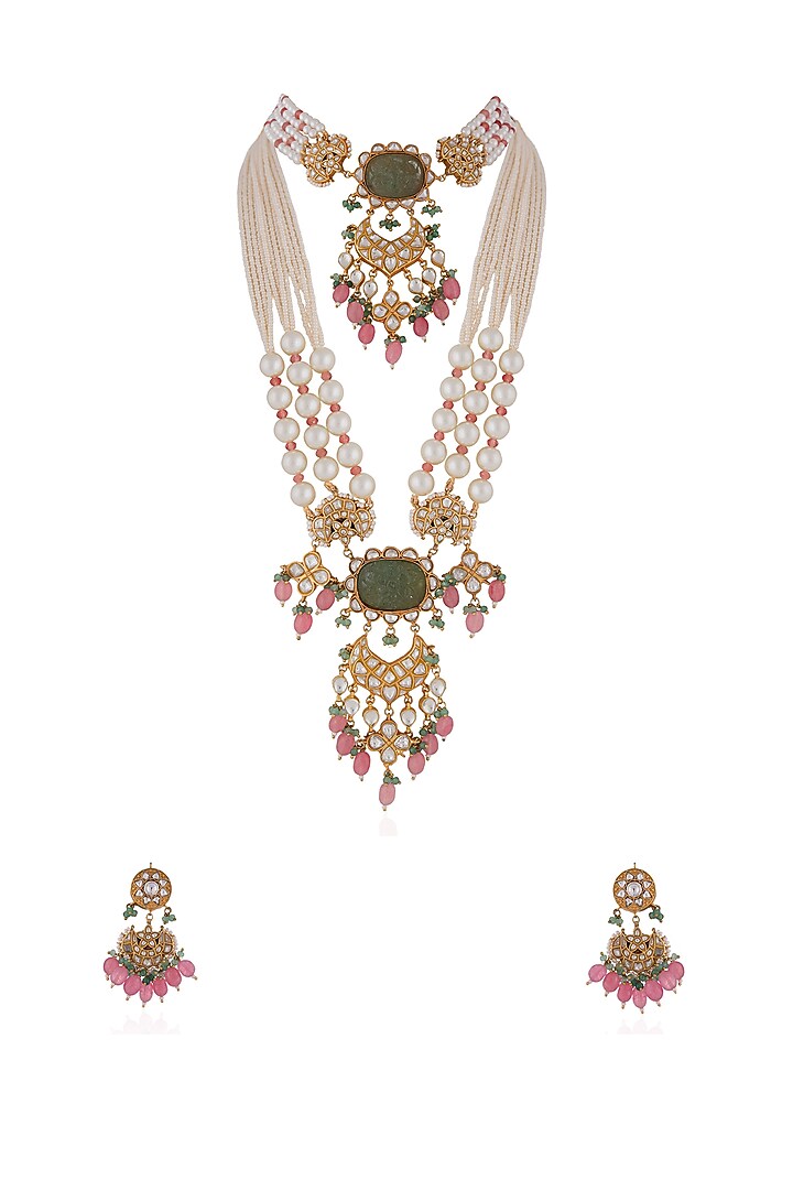 Gold Plated Pearl & Beaded Long Necklace Set by Riana Jewellery at Pernia's Pop Up Shop