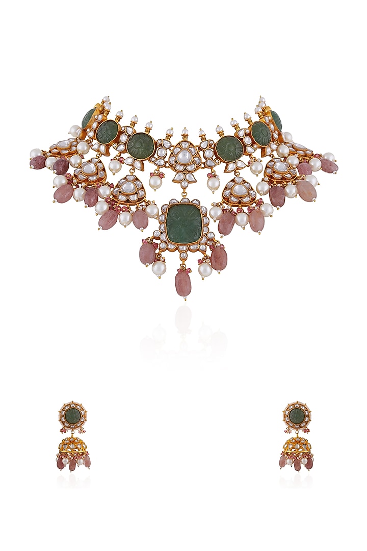 Gold Plated Mehendi Green Carved Stone & Beaded Necklace Set by Riana Jewellery at Pernia's Pop Up Shop