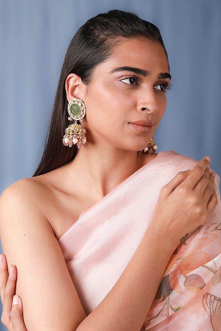 Gold Plated Mehendi Green Carved Stone & Beaded Necklace Set by Riana Jewellery at Pernia's Pop Up Shop