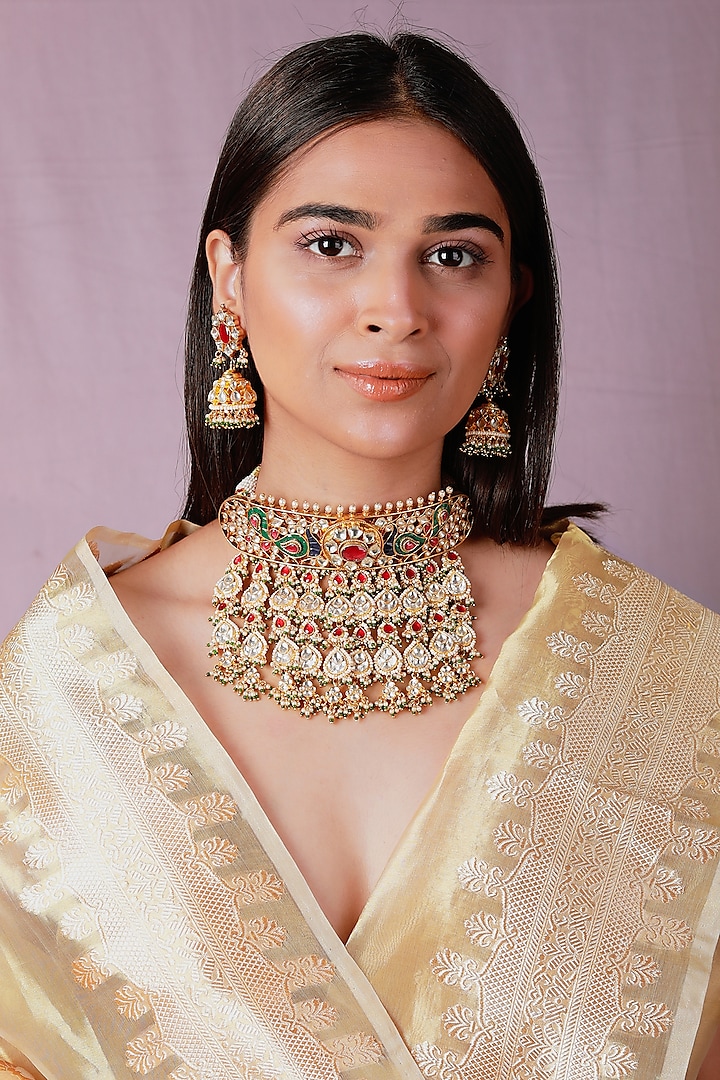 Gold Plated Pearl Beaded Rajwadi Peacock Choker Necklace Set by