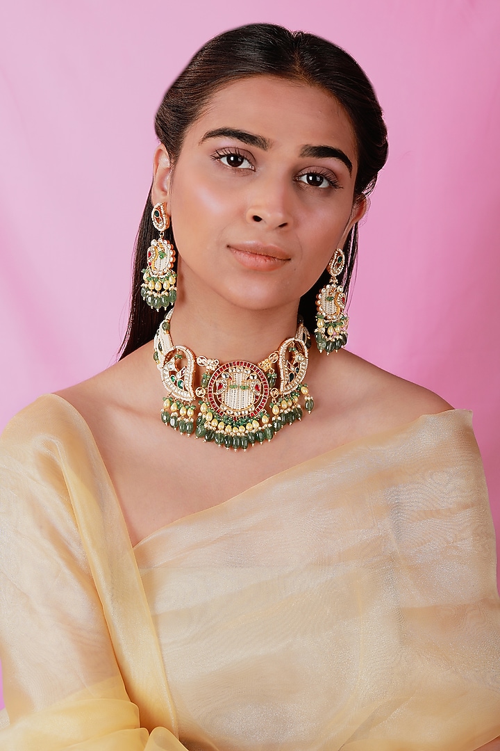 Gold Plated Pearl & Beaded Peacock Choker Necklace Set by Riana Jewellery at Pernia's Pop Up Shop