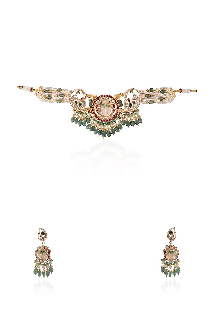 Gold Plated Pearl & Beaded Peacock Choker Necklace Set by Riana Jewellery at Pernia's Pop Up Shop