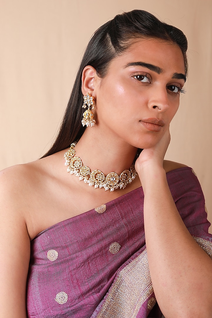 Gold Plated Pearl & Beaded Choker Necklace Set by Riana Jewellery at Pernia's Pop Up Shop