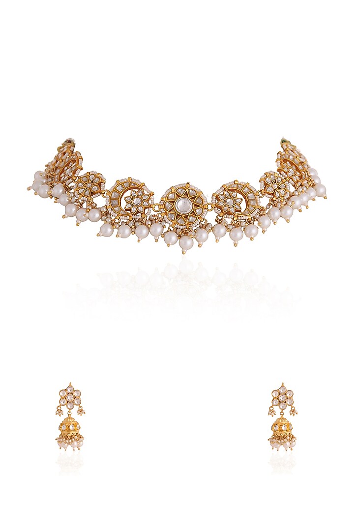 Gold Plated Pearl & Beaded Choker Necklace Set by Riana Jewellery at Pernia's Pop Up Shop