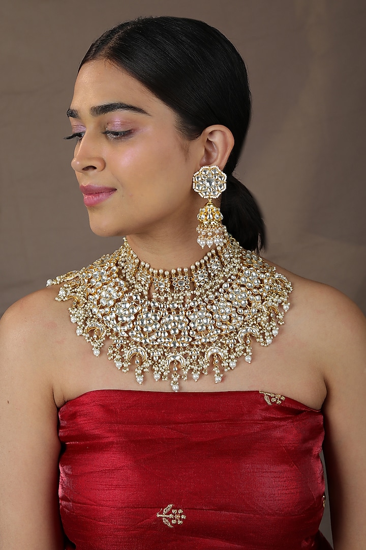 Gold Plated Pearl & Beaded Choker Necklace Set by Riana Jewellery at Pernia's Pop Up Shop