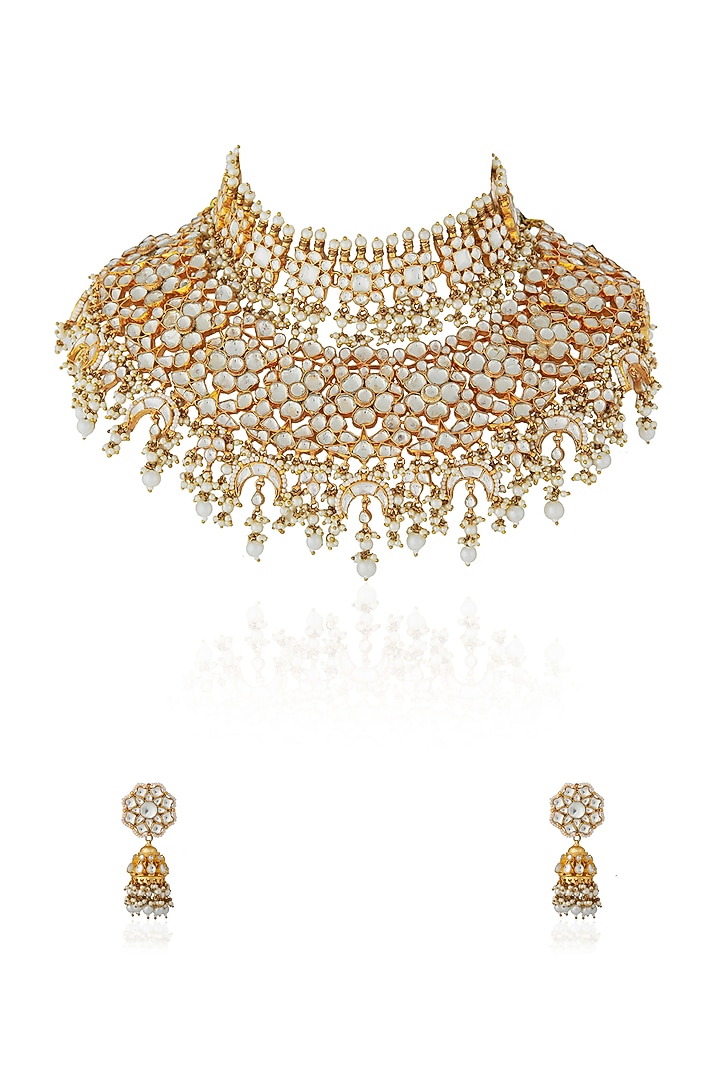 Gold Plated Pearl & Beaded Choker Necklace Set by Riana Jewellery at Pernia's Pop Up Shop