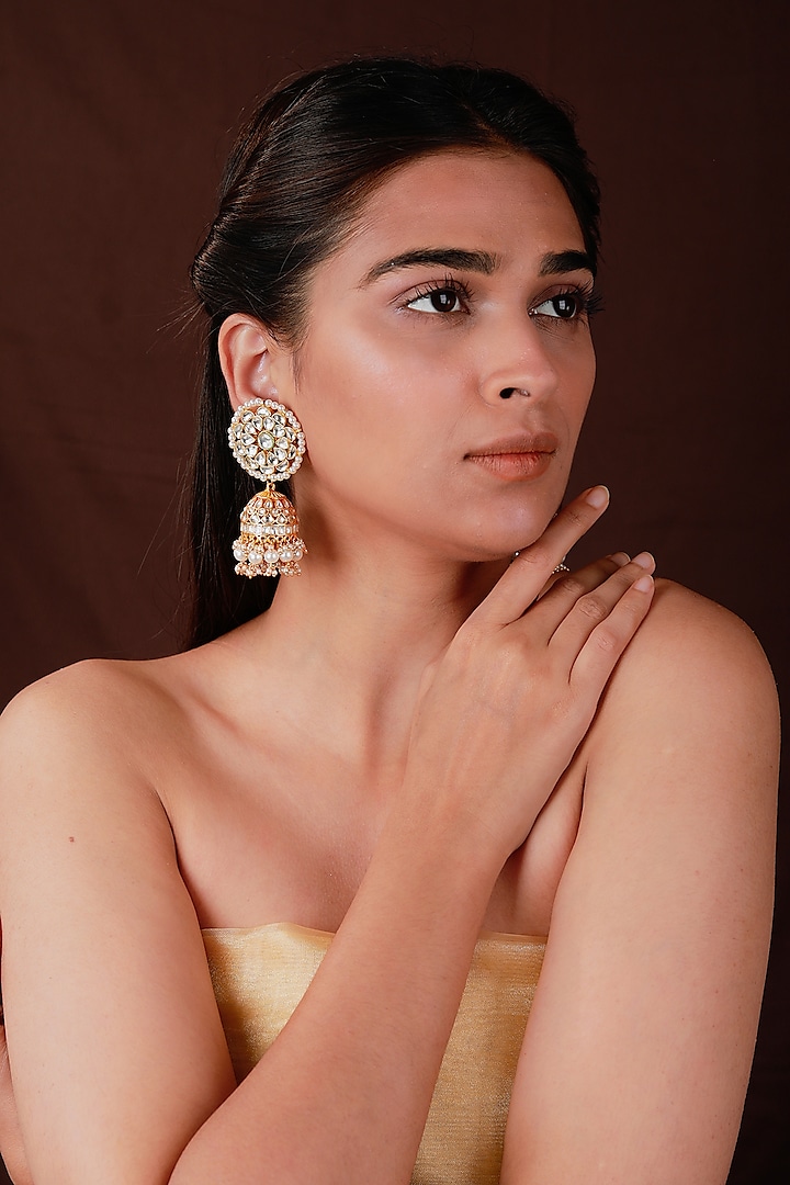 Gold Plated Pearl & Beaded Jhumka Earrings by Riana Jewellery at Pernia's Pop Up Shop
