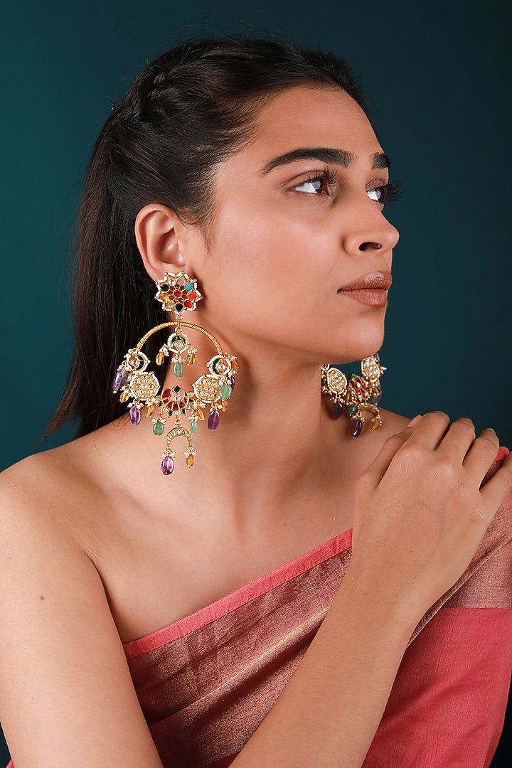 Gold Plated Pearl & Beaded Dangler Earrings by Riana Jewellery at Pernia's Pop Up Shop