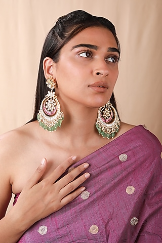 Gold Plated Pearl & Beaded Chandbali Earrings by Riana Jewellery