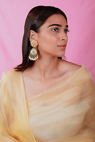 Gold Plated Pearl & Beaded Dangler Earrings by Riana Jewellery