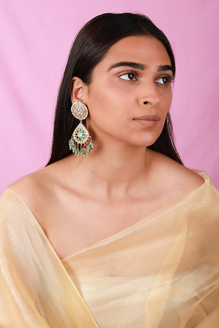 Gold Plated Pearl & Beaded Dangler Earrings by Riana Jewellery at Pernia's Pop Up Shop