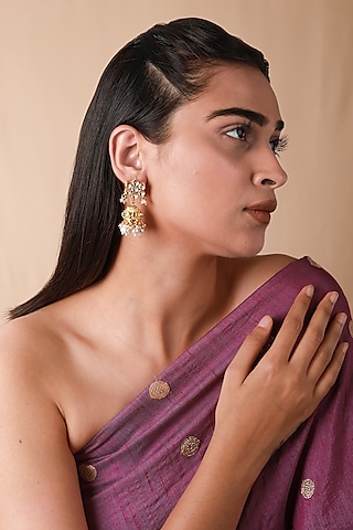 Gold Plated Pearl & Beaded Jhumka Earrings by Riana Jewellery