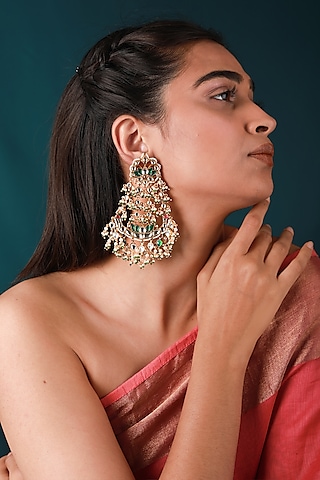 Gold Plated Pearl & Beaded Dangler Earrings by Riana Jewellery