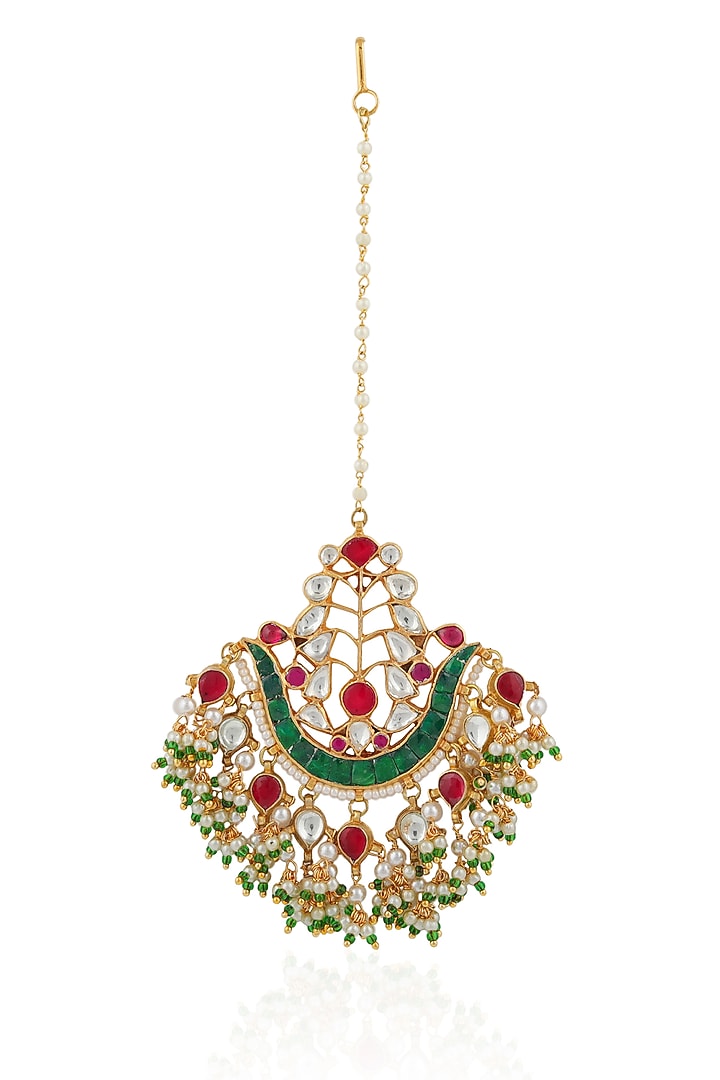 Gold Plated Pearl & Beaded Maangtikka by Riana Jewellery at Pernia's Pop Up Shop