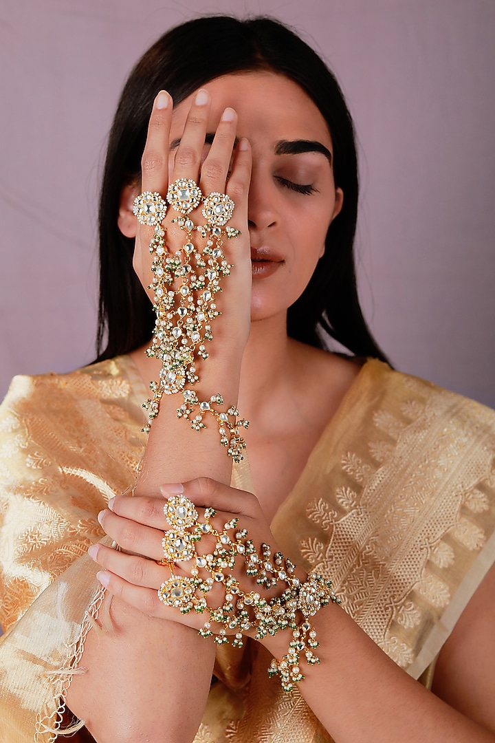 Gold Plated Pearl & Beaded Hathphool by Riana Jewellery at Pernia's Pop Up Shop