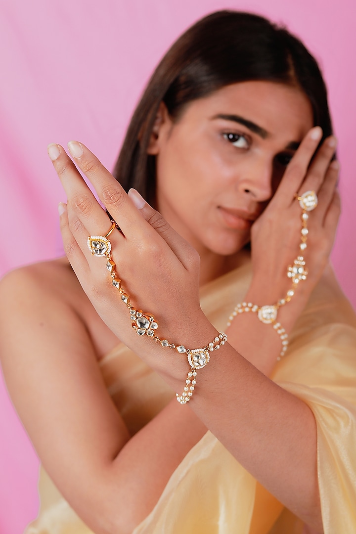 Gold Plated Pearl & Beaded Hathphool by Riana Jewellery at Pernia's Pop Up Shop