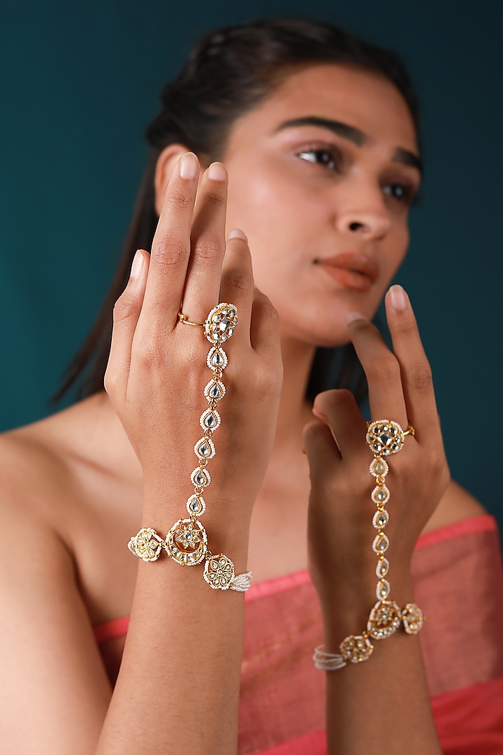 Gold Plated Pearl & Beaded Hathphool by Riana Jewellery