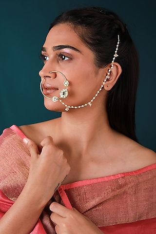 Gold Plated Pearl & Beaded Nath by Riana Jewellery
