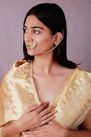 Gold Plated Pearl & Beaded Nath by Riana Jewellery