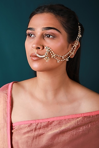 Gold Plated Pearl & Beaded Nath by Riana Jewellery