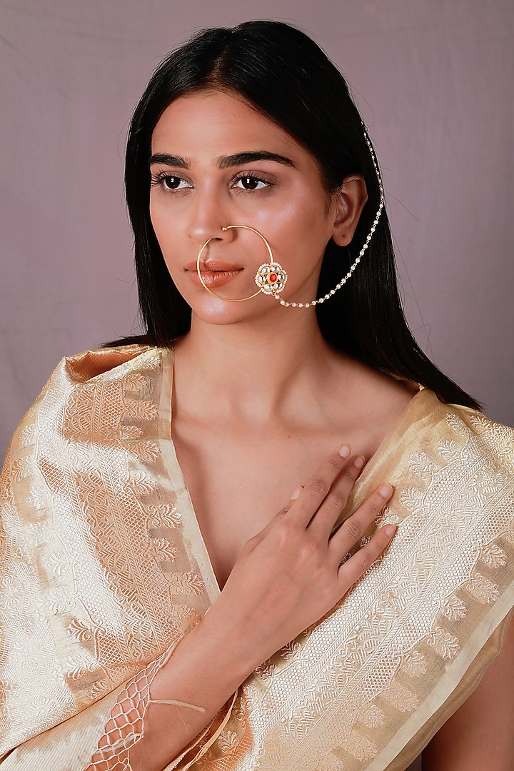 Gold Plated Pearl & Beaded Floral Nath by Riana Jewellery at Pernia's Pop Up Shop