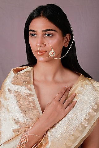 Gold Plated Pearl & Beaded Floral Nath by Riana Jewellery