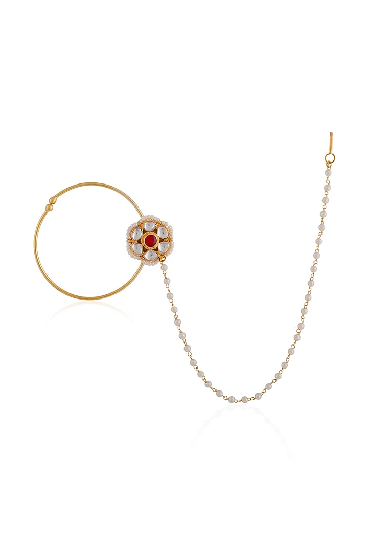 Gold Plated Pearl & Beaded Floral Nath by Riana Jewellery at Pernia's Pop Up Shop