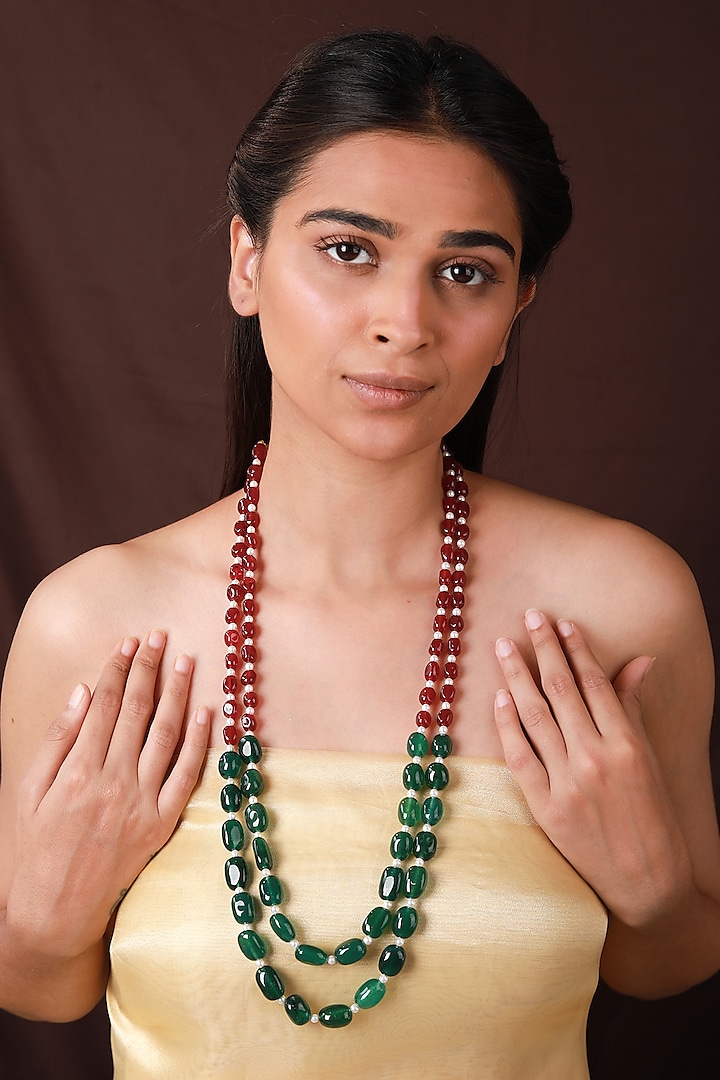 Gold Plated Emerald & Ruby Tumble Beaded Mala by Riana Jewellery at Pernia's Pop Up Shop