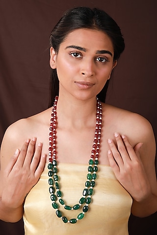 Gold Plated Emerald & Ruby Tumble Beaded Mala by Riana Jewellery