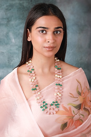Gold Plated Rose Quartz & Beaded Mala by Riana Jewellery