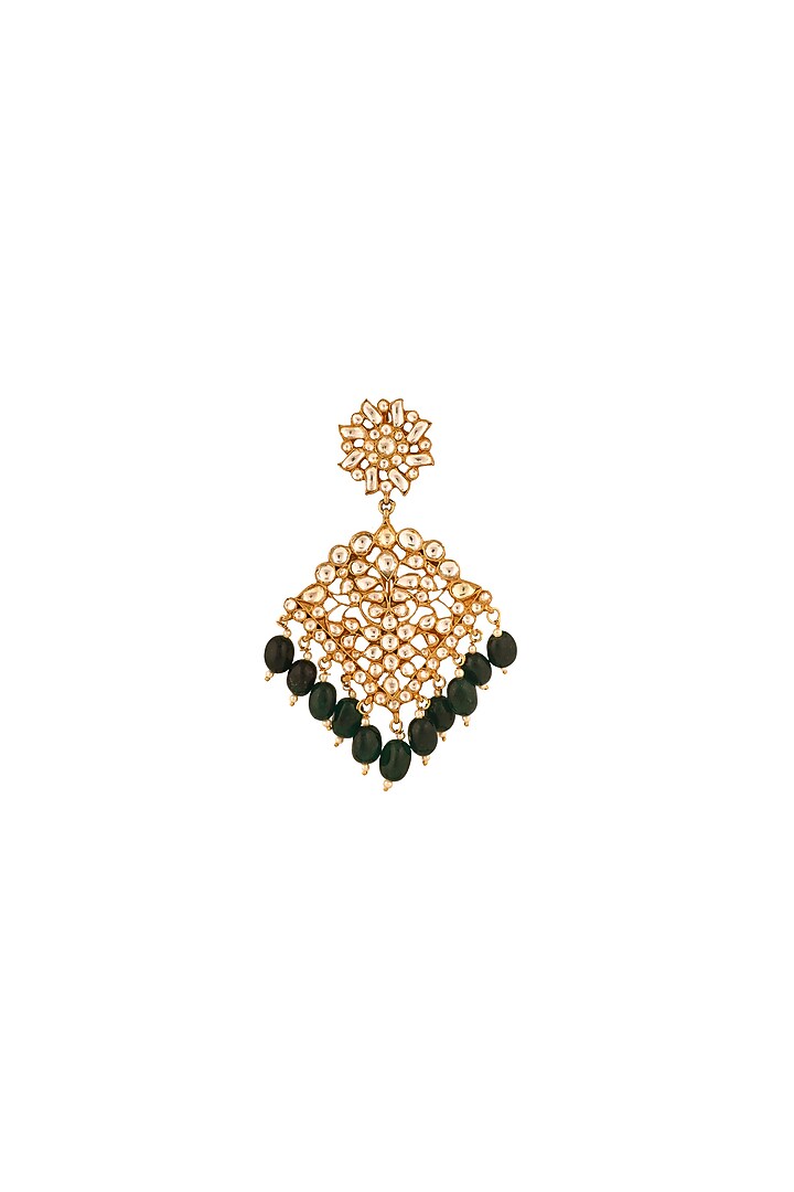 Matte Gold Plated Jadtar Stone & Emerald Green Beaded Brooch by Riana Jewellery at Pernia's Pop Up Shop