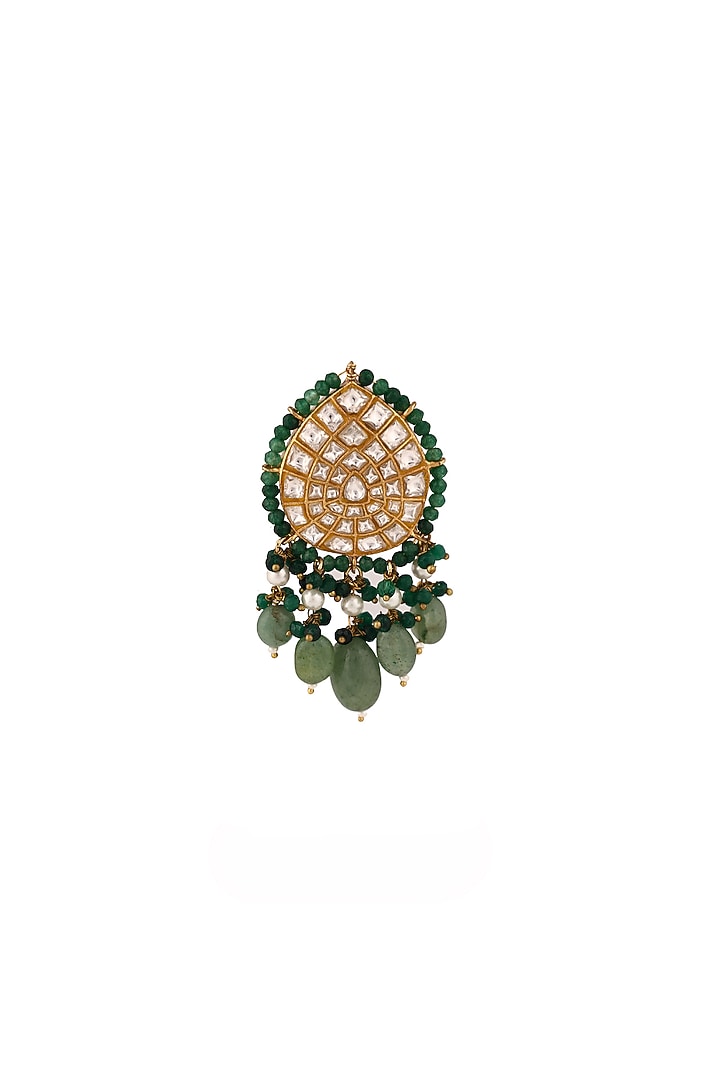 Matte Gold Plated Sea Green Jadtar Stone & Pearl Brooch by Riana Jewellery at Pernia's Pop Up Shop