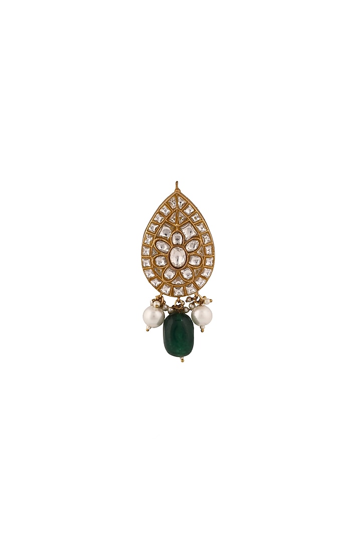 Matte Gold Plated Jadtar Stone & Green Bead Brooch by Riana Jewellery at Pernia's Pop Up Shop