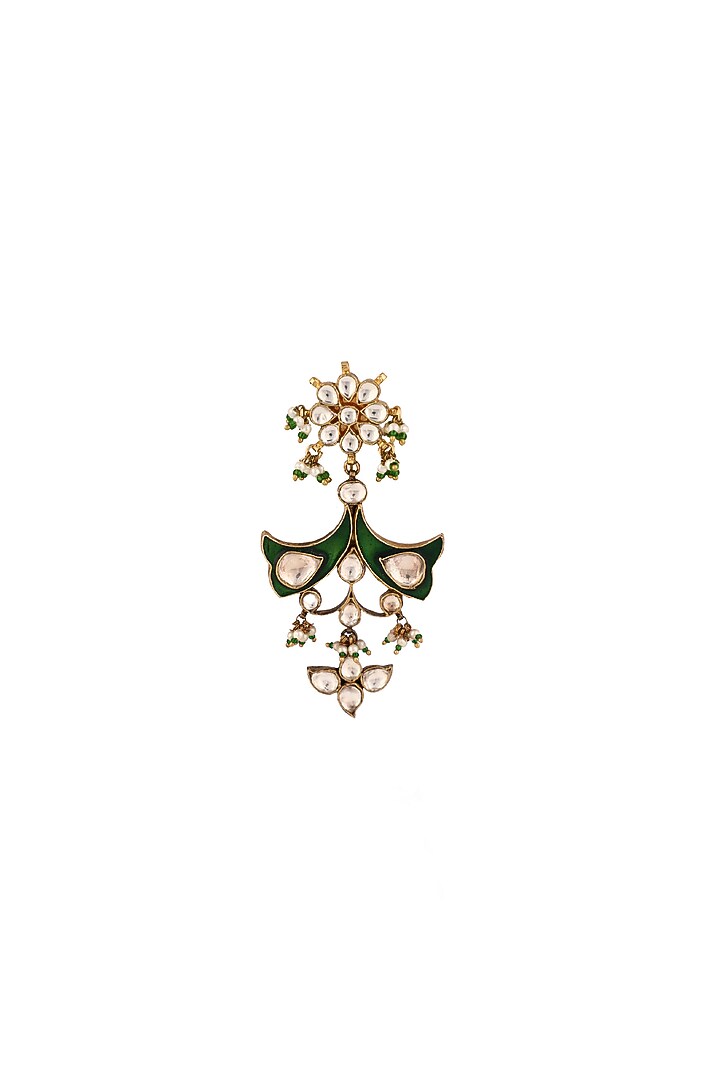 Matte Gold Plated Green Jadtar Stone & Pearl Brooch by Riana Jewellery at Pernia's Pop Up Shop