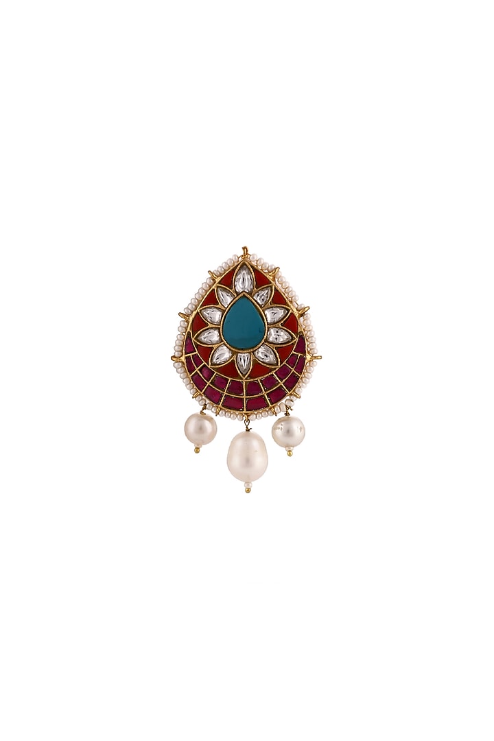 Matte Gold Plated Pink Jadtar Stone & Pearl Brooch by Riana Jewellery at Pernia's Pop Up Shop