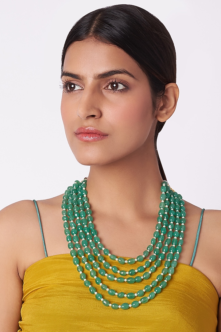 Pearl & Emerald Mala Necklace by Riana Jewellery at Pernia's Pop Up Shop