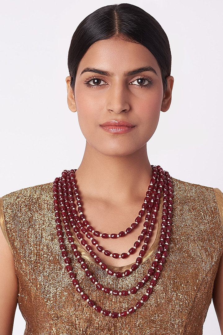 Red Pearls & Emerald Mala Necklace by Riana Jewellery at Pernia's Pop Up Shop