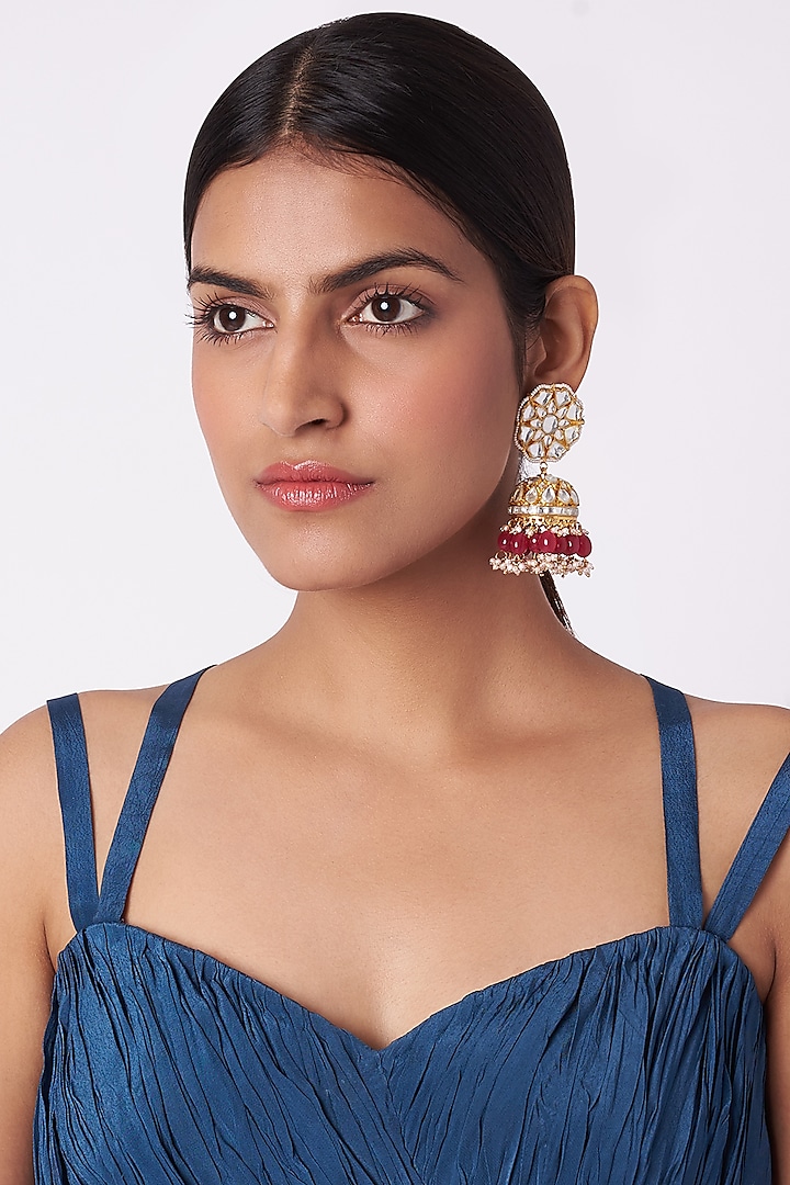 Gold Plated Ruby Jhumka Earrings by Riana Jewellery