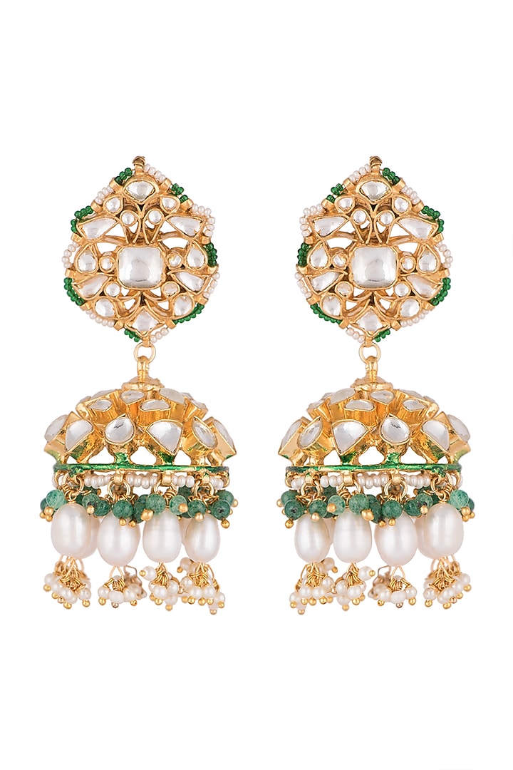 Gold Plated Pearls & Emerald Jhumka Earrings by Riana Jewellery at Pernia's Pop Up Shop