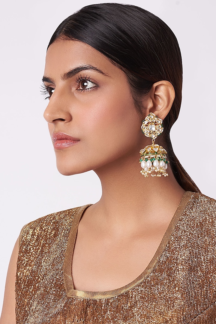 Gold Plated Pearls & Emerald Jhumka Earrings by Riana Jewellery