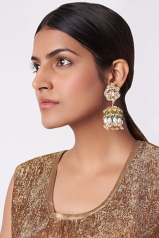 Gold Plated Pearls & Emerald Jhumka Earrings by Riana Jewellery
