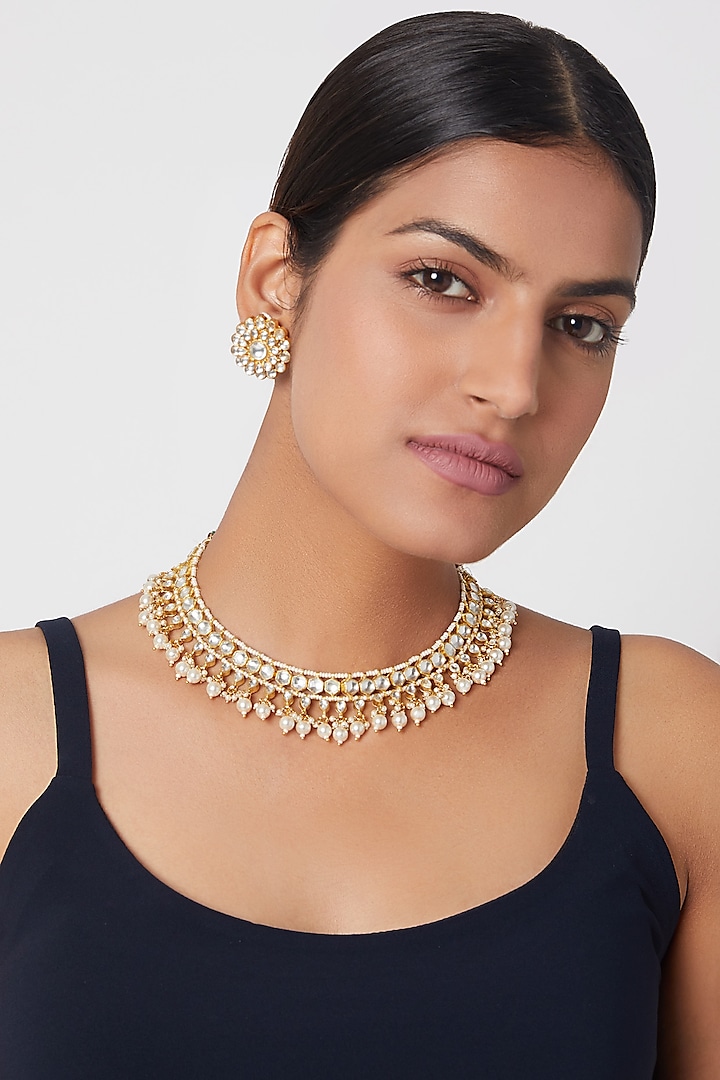 Gold Plated Pearl Necklace Set by Riana Jewellery