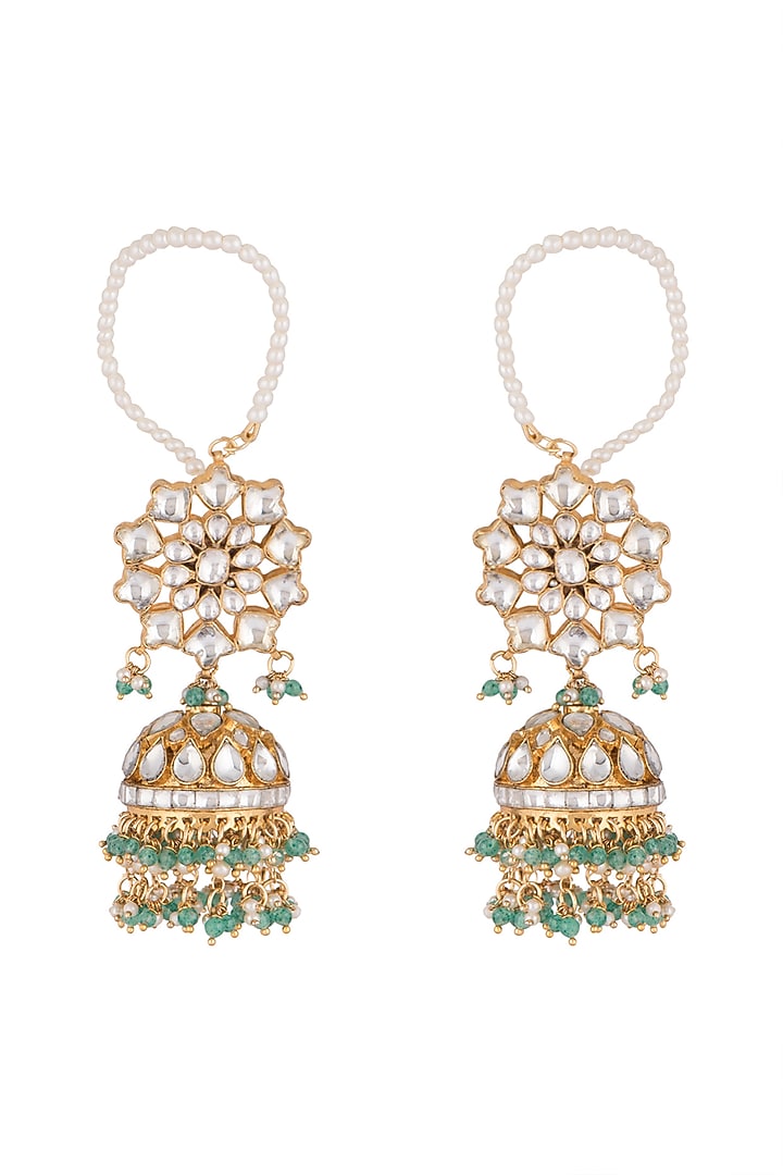 Gold Plated Jhumki Earrings With Green Hangings by Riana Jewellery at Pernia's Pop Up Shop