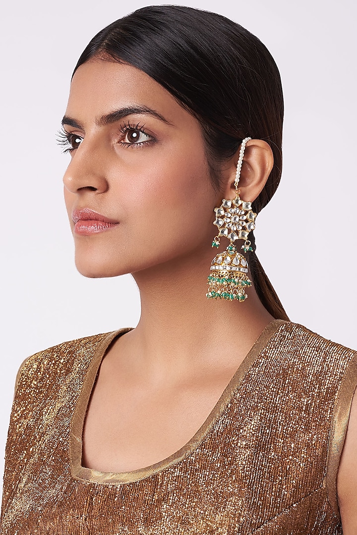 Gold Plated Jhumki Earrings With Green Hangings by Riana Jewellery