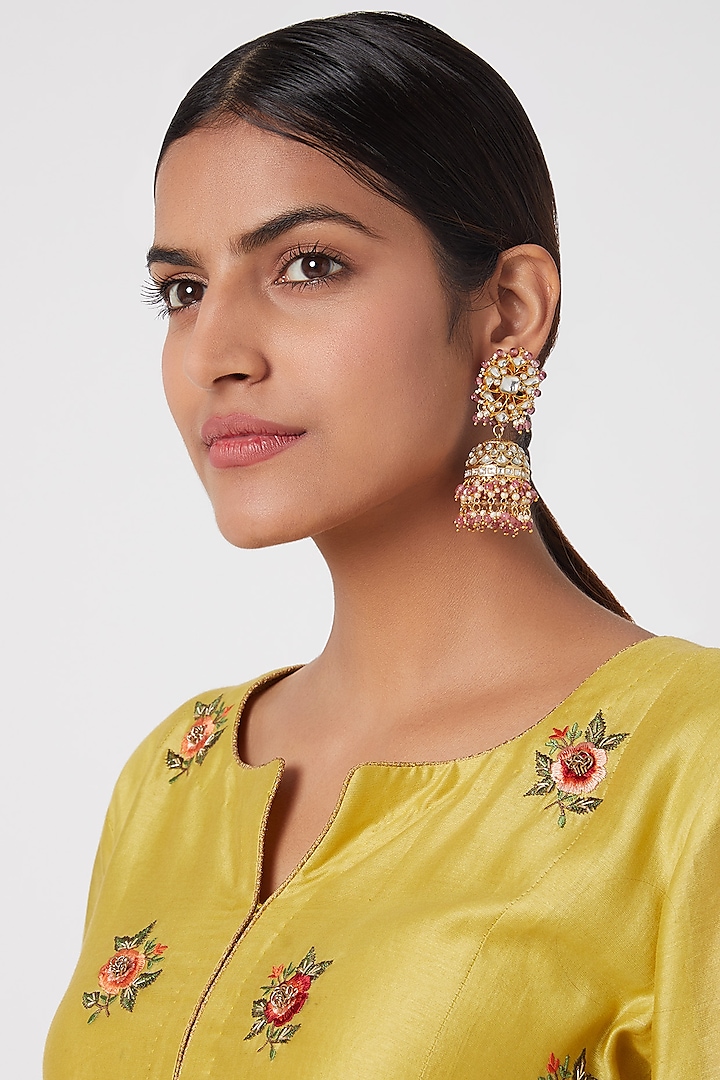 Gold Plated Beads & Pearl Jhumka Earrings by Riana Jewellery