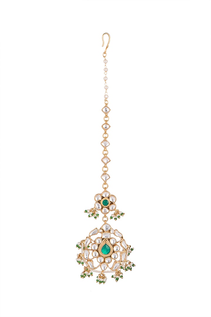 Gold Plated Green Jadtar Stone Maang Tikka by Riana Jewellery at Pernia's Pop Up Shop