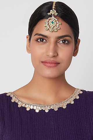Gold Plated Green Jadtar Stone Maang Tikka by Riana Jewellery