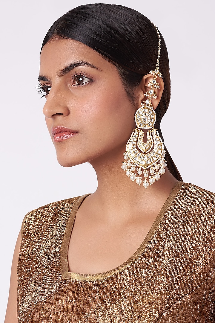 Gold Plated Pearl Earrings With Ear Chain by Riana Jewellery